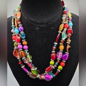 Boho Triple Strand Necklace Art Glass Sea Glass Stone Acrylic Beads 16" + 2" Ext